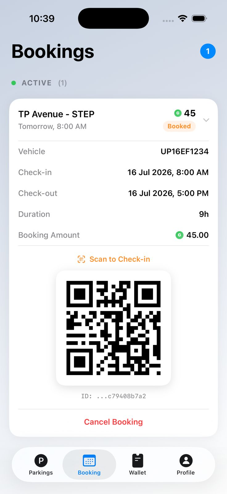 Bookings screen from the Gridee app