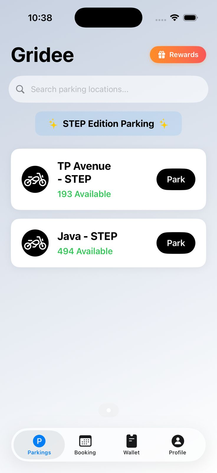 Parking screen from the Gridee app